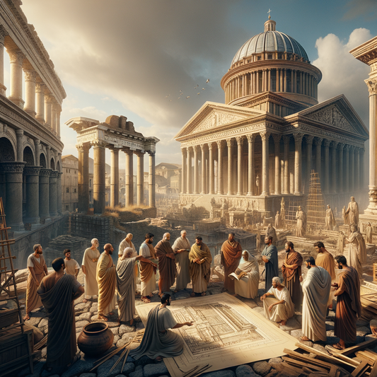 A grand Roman architectural scene with arches and a dome, showcasing ancient Rome's engineering prowess, styled like a 1960s historical epic.