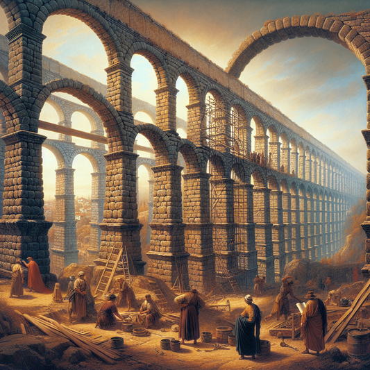 Majestic Valens Aqueduct in ancient Constantinople under clear blue sky, Roman engineers inspecting soaring stone arches, cinematic painting style inspired by 1960s historical epics.