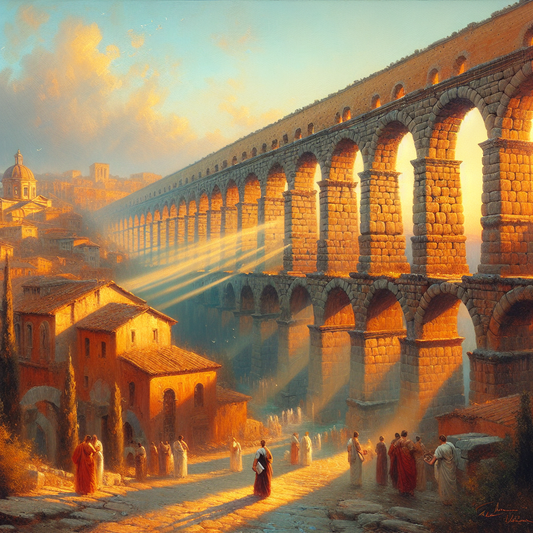 Majestic Valens Aqueduct in ancient Istanbul with towering stone arches bathed in golden hour light against a vibrant sky and historic cityscape background, painted in a cinematic Roman epic style.