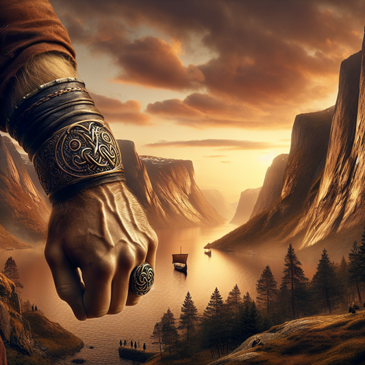 A rugged Viking arm wearing a twisted metal arm ring with Norse knotwork, set against a dramatic Nordic fjord at sunset in a cinematic historical painting style.