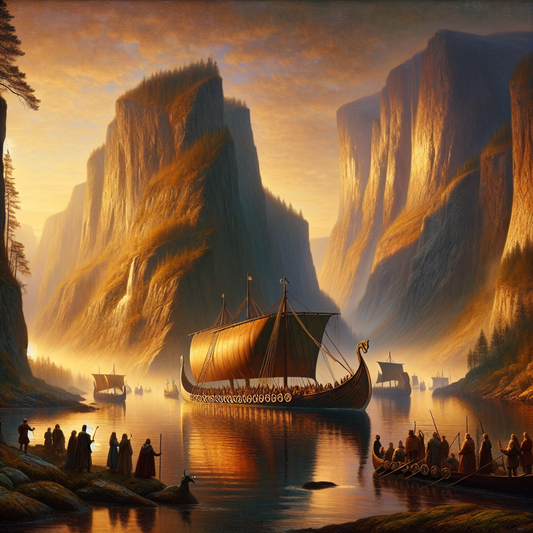 Luxurious Viking-style cruise ship sailing peacefully through northern fjords at sunset with dramatic cliffs and calm waters, rendered in a classic historical epic painting style.