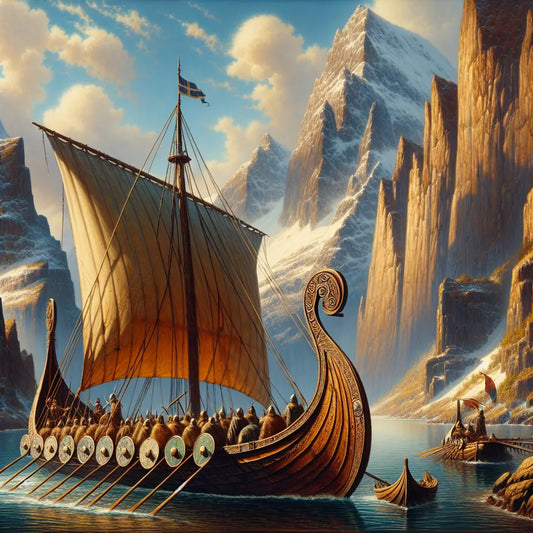 A majestic Viking longship sails through calm northern fjord waters under a clear blue sky, surrounded by towering Scandinavian mountains, in a historical epic painting style.