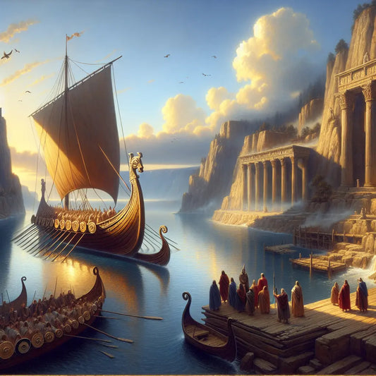 Majestic Viking-style wooden ship sailing through a fjord framed by Roman-inspired cliffs and architecture, passengers enjoy a serene maritime journey under a clear sky, depicted in a cinematic 1960s historical epic painting style.
