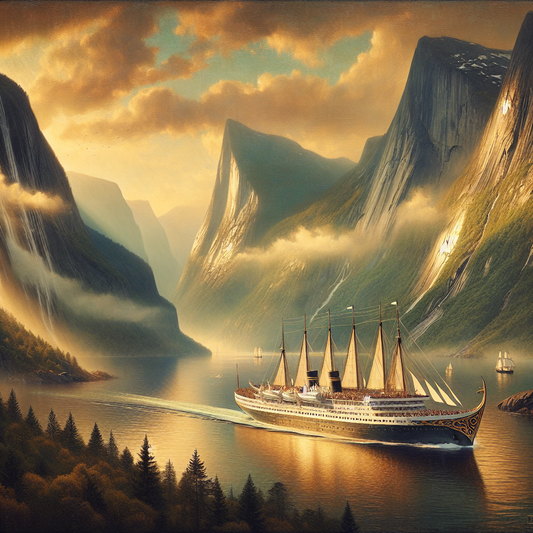 A majestic Viking cruise ship sailing through calm fjord waters at sunset, surrounded by towering mountains, styled as a 1960s historical epic painting.