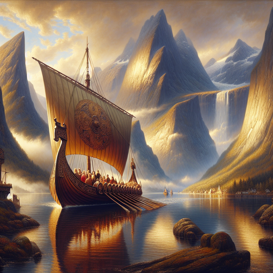 Majestic Viking cruise ship sailing through serene fjords with towering mountains and calm waters under a bright sky, painted in the style of 1960s historical epics.