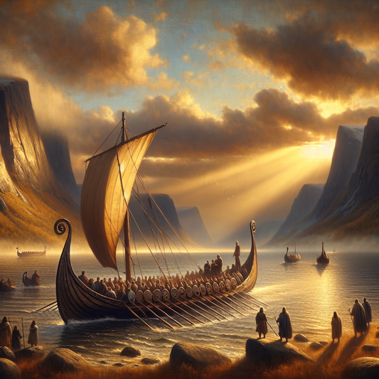 A majestic Viking expedition longship sailing calmly at sunset with passengers quietly enjoying the scenic mountainous landscape, painted in the style of a 1960s Roman historical epic.