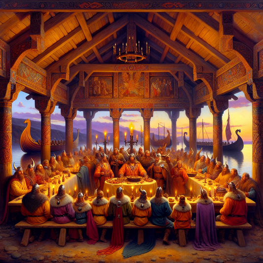 Viking men in brightly colored tunics and ornate jewelry gather in a grand feast hall at twilight, with Viking longships visible in the background under a vivid sky.