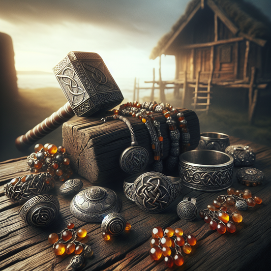 A detailed Viking jewelry collection with silver arm rings, Thor's hammer pendants, amber beads, and knotwork brooches displayed on a rustic wooden surface lit by natural northern light.