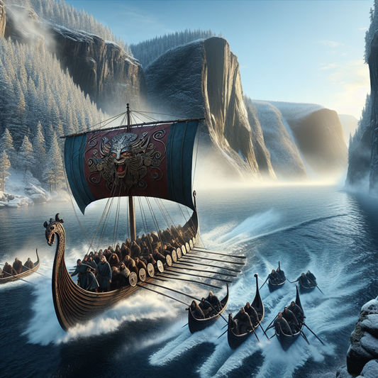 A Viking longboat with a dragon-headed prow sailing through icy blue fjord waters beneath a bright Nordic sky, painted in the style of a 1960s historical epic.