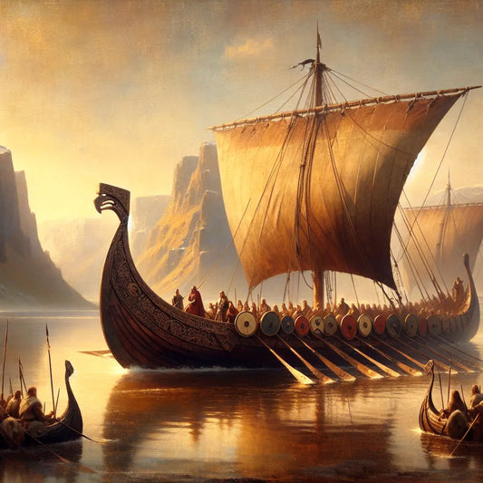 Viking longship with sails unfurled and shields lined along the sides sailing on calm waters under a sunny sky, painted in the style of 1960s historical epics.