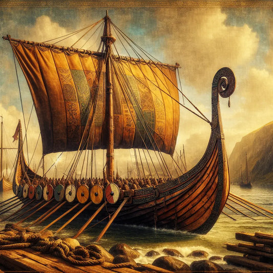 Close-up cinematic painting of a Viking longship model with sails and shields, capturing detailed Norse craftsmanship in a warm atmospheric northern harbor setting.