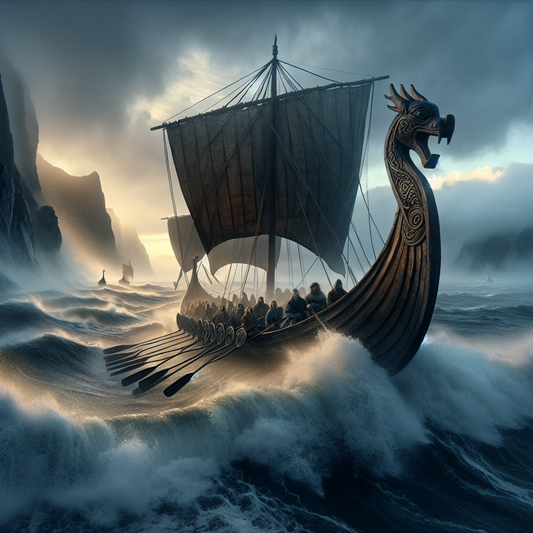 A Viking longship with a dragon-headed prow sails through misty northern seas at dawn under a cloudy sky, with Vikings actively manning the vessel, painted in a cinematic epic style.