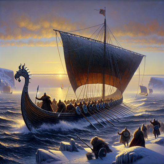 Viking longship with dragon-headed prow cutting through icy northern seas at dawn, silhouetted Norse warriors on deck beneath a misty sky, in the style of 1960s epic historical paintings.