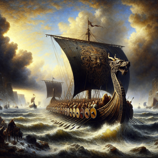 A majestic Viking longship with a carved dragon head prow cutting through misty northern ocean waters under a dramatic cloudy sky, painted in a cinematic historical epic style.