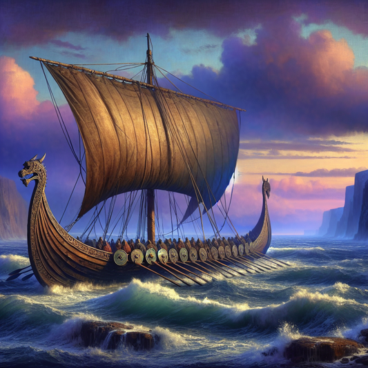 A majestic Viking longship with a dragon-shaped prow sailing through icy northern seas under a twilight sky, painted in the style of classic 1960s historical epics.