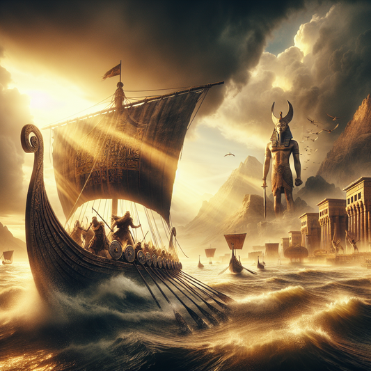 A cinematic painting showing a Viking longship sailing stormy seas towards illuminated ancient Egyptian temples with the god Osiris bathed in golden light, symbolizing a fusion of Norse and Egyptian mythology.