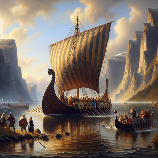 A majestic Viking longship with striped sails sailing peacefully through fjords under a blue sky, inspired by cinematic 1960s historical epic painting style.