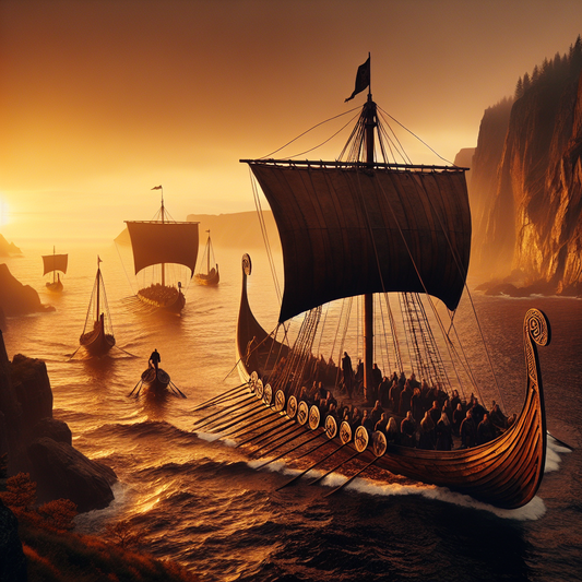A majestic Viking longship sails on calm ocean waters at golden sunset, with rugged Nordic coastal cliffs in the background, painted in a cinematic 1960s epic style.