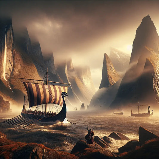 A majestic Viking longship with striped sails sailing through misty fjords, surrounded by ancient castles, depicted in a cinematic 1960s historical epic style.