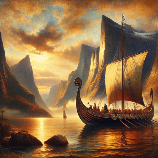 A majestic Viking longship styled modern luxury cruise sailing Nordic fjords at sunset, blending ancient Norse design with contemporary elegance against a dramatic natural backdrop.