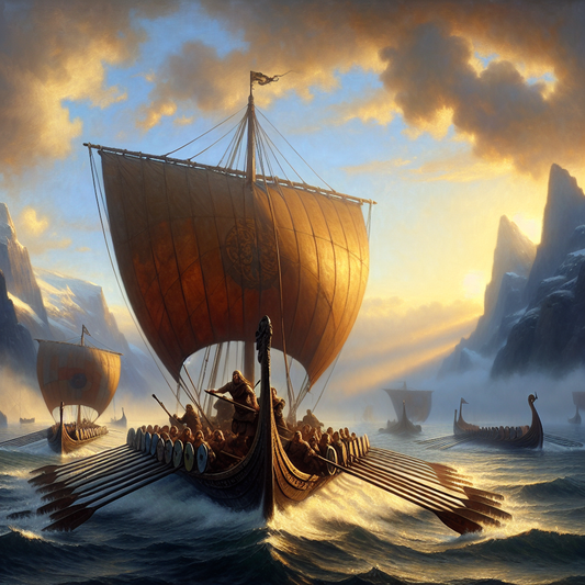 Viking longship slicing through Nordic dawn waters with rowers in sync and sails billowing, painted in a cinematic 1960s Roman epic style.