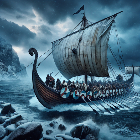 A Viking longship with billowing sails and warrior shields sailing through icy Nordic waters under a cloudy sky, styled like a 1960s historical epic painting.