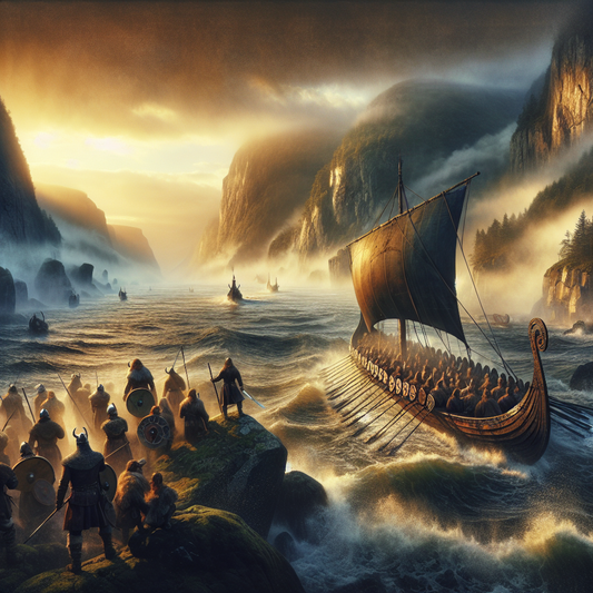 Viking warriors on a longship sailing through misty Nordic fjords at dawn with rugged cliffs and crashing waves, painted in a dramatic 1960s Roman epic style.