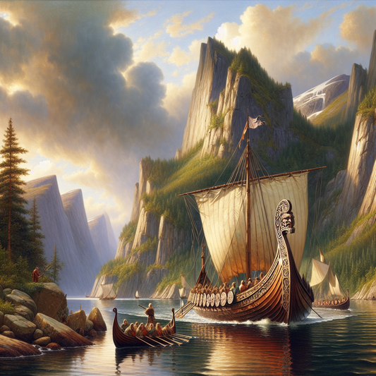 A majestic Viking longship sailing peacefully through calm Nordic fjords under a dramatic sky with rugged cliffs and pine trees, inspired by classic historical epic films of the 1960s.