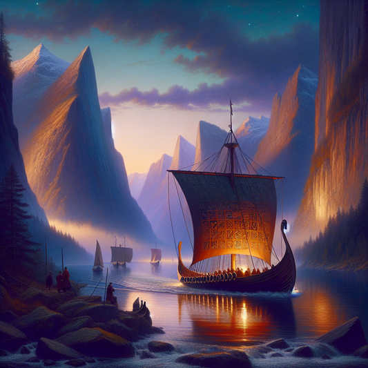 A Viking longship sails through towering Nordic fjords at twilight, with faintly glowing runic symbols on its sail and shields, inspired by epic 1960s historical paintings.