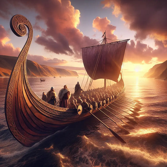 A majestic Viking longship with detailed carvings sails on calm Nordic waters at sunset, with Viking crew in traditional clothing and warm golden light reflecting on the sea, depicted in the style of classic 1960s historical epics.