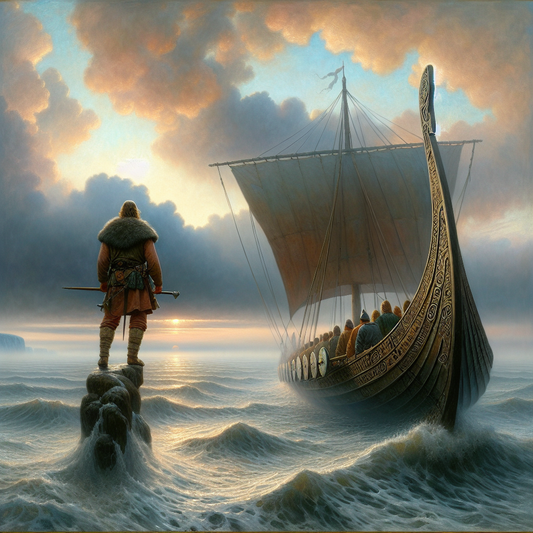 A Viking longship cuts through misty North Sea waters at dawn with a silhouetted warrior gazing toward the horizon under a dramatic sky, styled like a 1960s historical epic painting.
