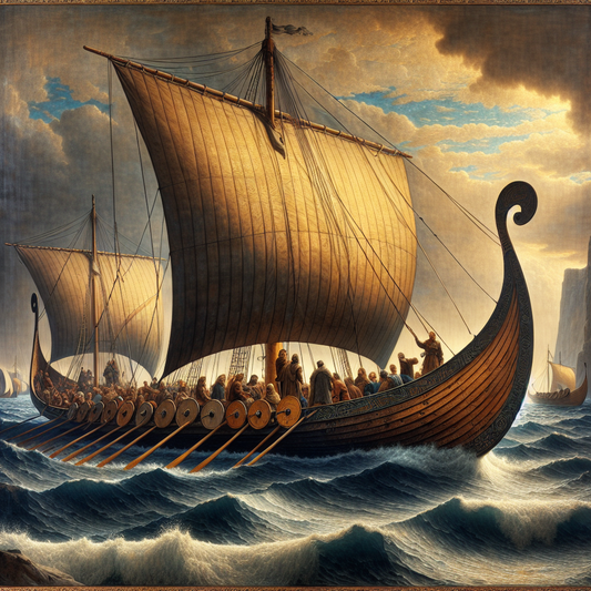 Viking longship sailing on a northern sea under dramatic sky, with crew dressed in fur and leather, capturing the maritime spirit and resilience of Northern Europe during age of exploration, in a realistic cinematic painting style.