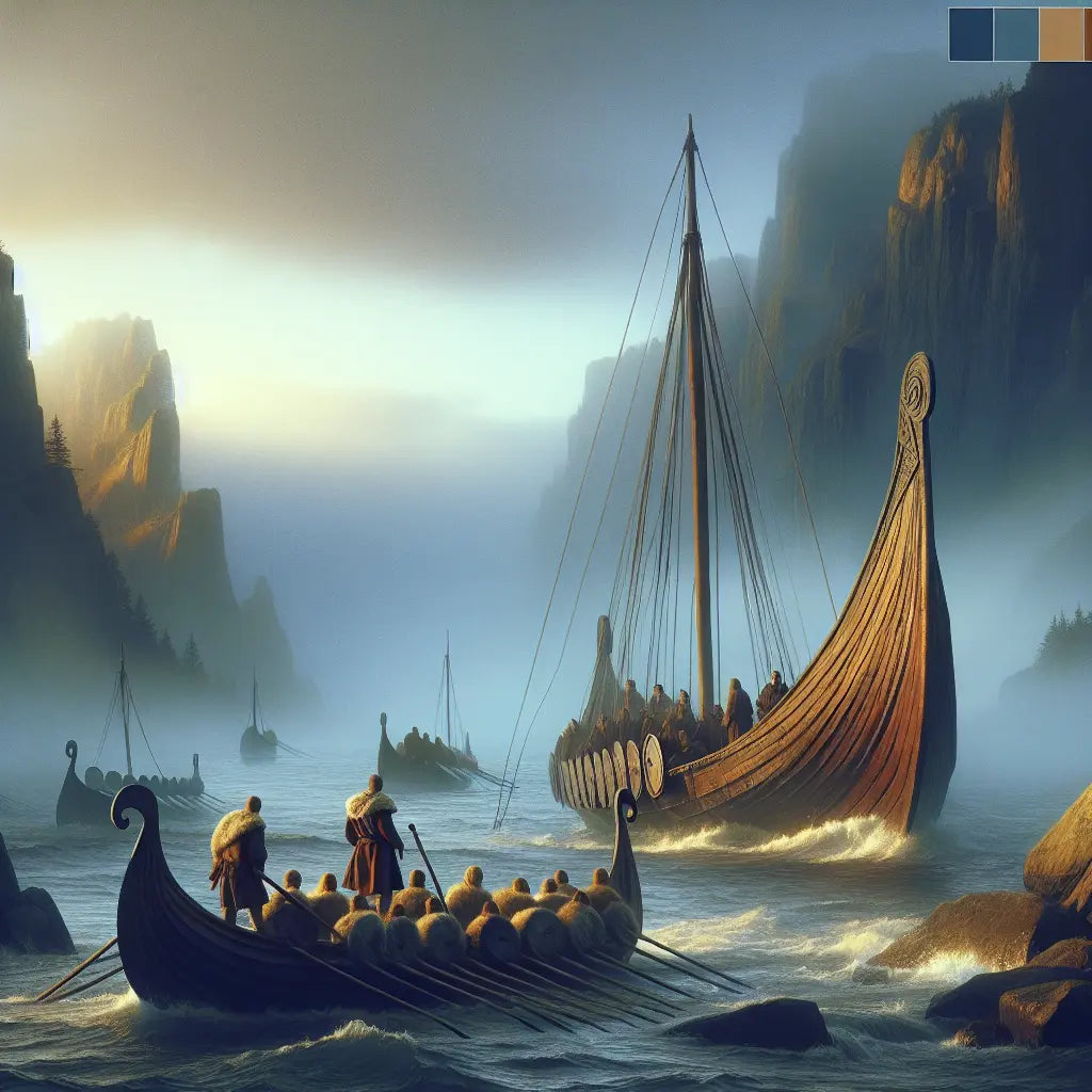A Viking longship sails through misty northern seas at dawn with rugged cliffs in the background, depicted in a cinematic painting style evoking exploration and resilience of Germanic heritage.