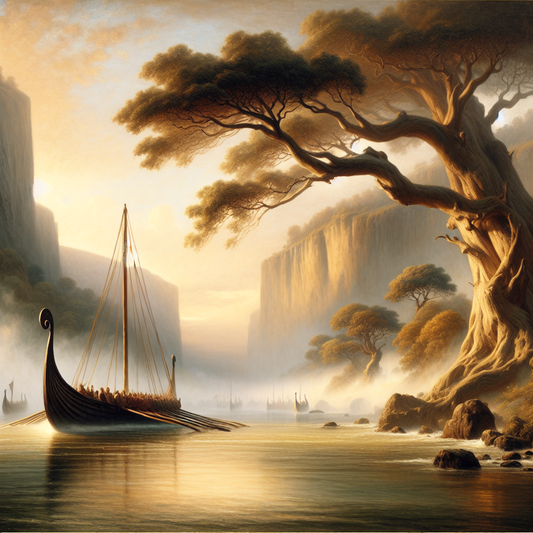 A sleek wooden Viking longship glides silently along a misty river lined with ancient trees, depicted in a warm, cinematic painting style reminiscent of 1960s historical epics.