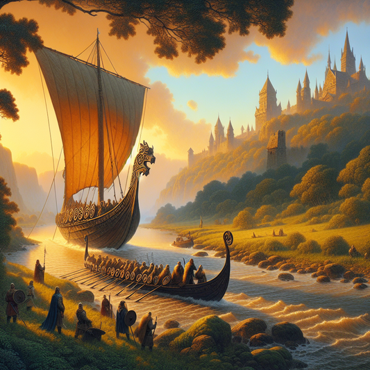 A Viking Longship sailing peacefully on a green European river at sunset, with historical stone castles in the background, painted in the style of classic 1960s historical epic films.