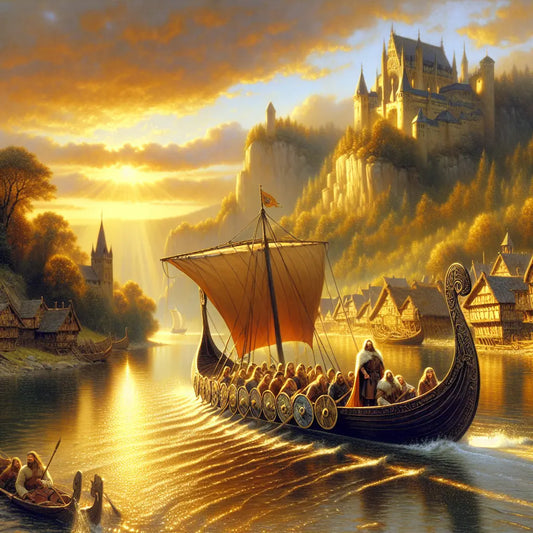 A luxurious Viking longship sailing peacefully on a European river at sunset, with historic castles and charming villages along the banks, painted in the style of a 1960s historical epic film.