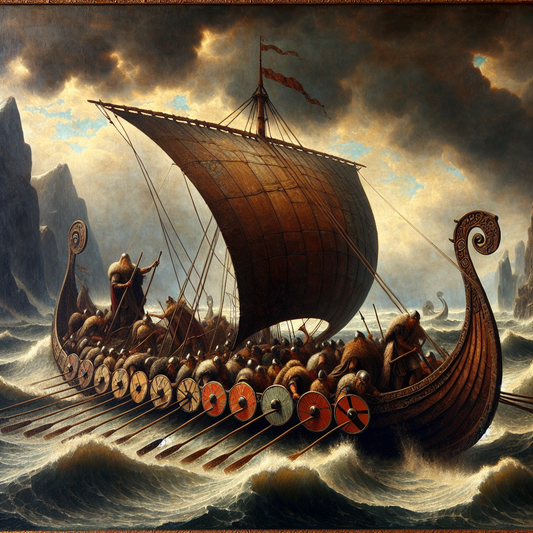 A detailed Viking longship with round shields on its sides sails through dark, stormy Nordic seas under a dramatic cloudy sky, embodying Norse adventure and warrior spirit.