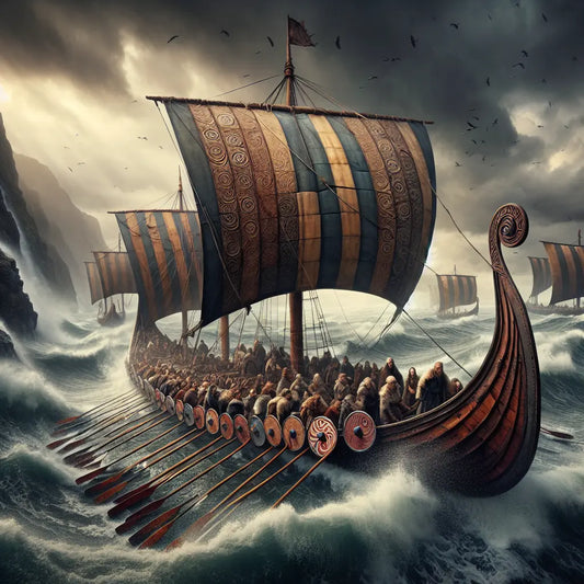 Artistic cinematic painting of a Viking longship sailing through stormy seas with detailed sails and shields, emphasizing strength and brotherhood in a historic Northern European style.