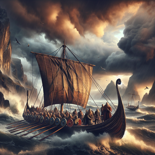 Viking longship with clinker-built hull navigating rough northern seas under stormy skies, crew working amid crashing waves, depicted in cinematic 1960s historical epic style.