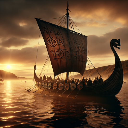 A Viking longship sailing on calm waters at sunset with ancient Nordic runes subtly visible in the sky, styled like a 1960s historical epic painting.