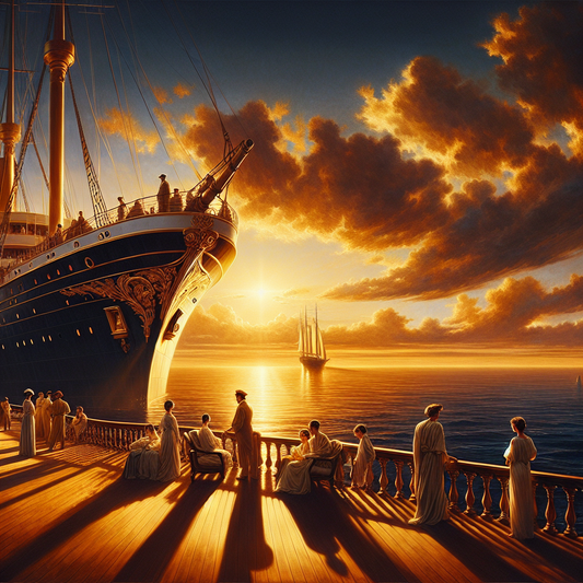 A majestic ocean cruise ship sails calmly on blue seas at sunset with passengers enjoying the elegant outdoor decks, depicted in a warm-toned cinematic painting style reminiscent of classic historical epics.
