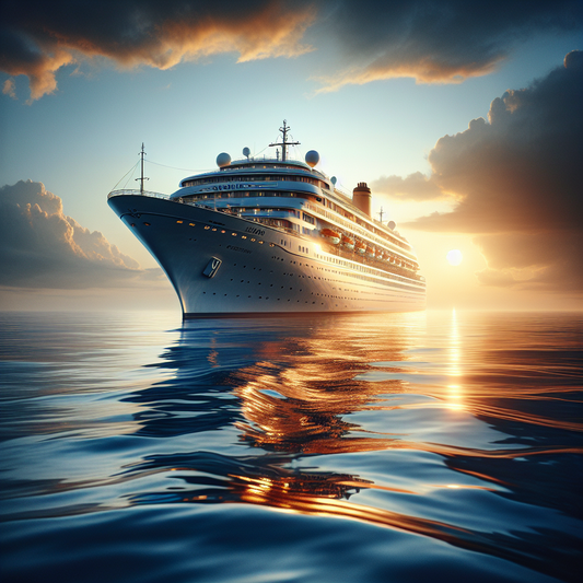 Elegant Viking Ocean cruise ship sailing smoothly on gentle ocean waves at sunset under a clear blue sky, painted in a cinematic 1960s historical epic style.