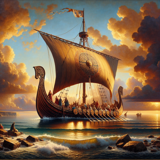 A luxurious Viking ocean cruise ship sailing at sunset with passengers enjoying drinks on deck overlooking a calm sea and vibrant horizon, painted in a cinematic epic style.
