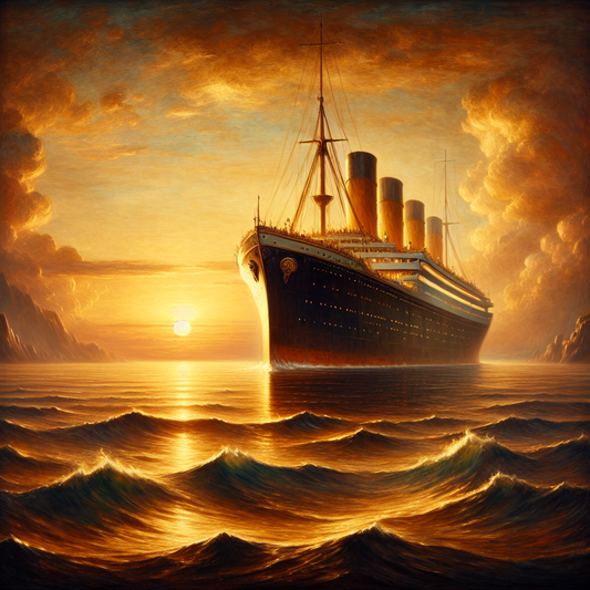 The Viking Orion cruise ship sailing serenely on calm seas at sunset, bathed in golden light, blending modern luxury with Norse motifs in a cinematic historical painting style.