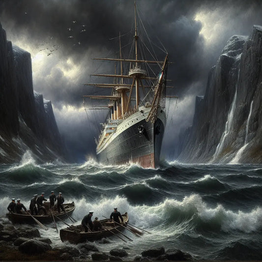 A large Viking Sky cruise ship struggling in stormy seas off the Norwegian coast with dark skies and intense waves, illustrating a maritime crisis and engine failure in a dramatic, classical painting style.