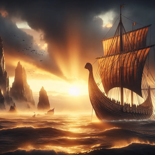 Elegant Viking Star-like wooden sailing ship cruising beneath a glowing orange sunset sky over calm northern ocean waters, capturing a peaceful, historic maritime exploration scene in a 1960s epic painting style.
