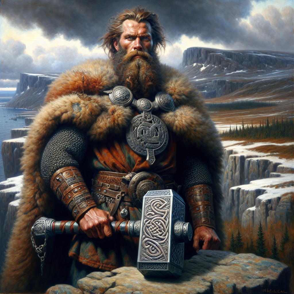 Viking warrior wearing a detailed Thor's hammer pendant around his neck, standing on a rocky outcrop with a stormy Nordic landscape in the background, inspired by 1960s epic historical film style.