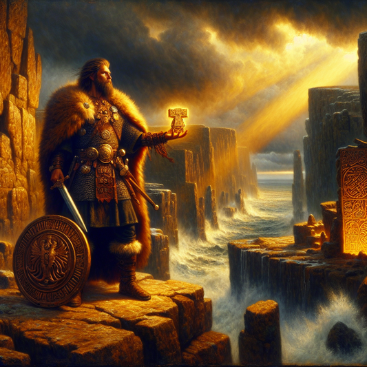 Viking warrior standing heroically on a rugged cliff holding a glowing hammer-shaped talisman under stormy northern skies, styled as a 1960s Roman historical epic painting.