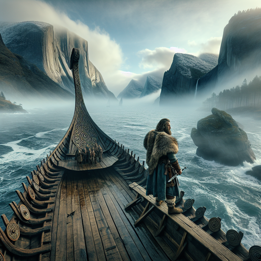 A rugged Viking warrior stands on the prow of a wooden longship with sea mist swirling around him, dawn light highlighting silver earrings and Thor's hammer pendant in a dramatic atmospheric Norse seafaring scene.