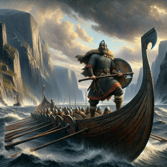 Viking warrior wielding large battle axe on deck of Viking longship sailing stormy northern sea with fjords and dramatic skies, in the style of 1960s historical epics.